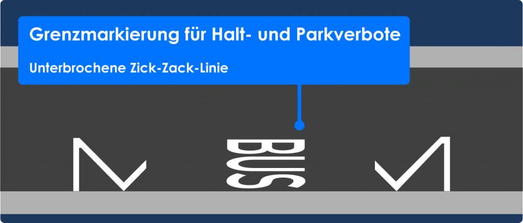 Unterbrochene Zick-Zack-Fahrbahnmarkierung mit BUS-Schriftzug zur Kennzeichnung eines Halteverbots für andere Fahrzeuge